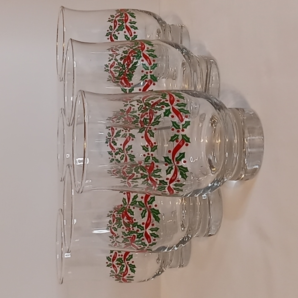 𝅺libbey  6 Piece Holly Berry Ribbon Tumbler Glasses